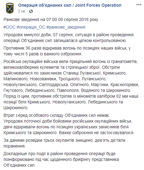 Боевики за сутки 36 раз открывали огонь по позициям ООС на Донбассе